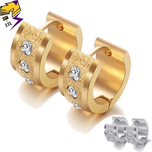 Fashion Hoop Earrings Gold Color Stainless Steel Jewelry for Women Bright Zircon Ear Plug Round Earrings Stones 2018