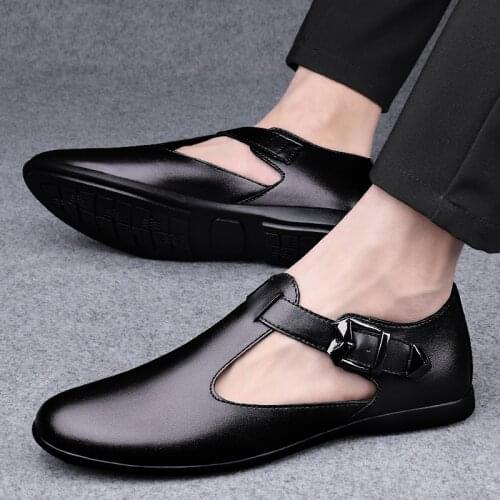 Mens Sandals Summer Genuine Leather Luxury Brand Fashion Sandals Classics Rome Retro Style Business Flat Casual Beach Shoes