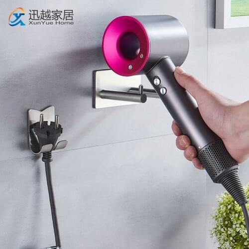 Stainless Steel Hair Dryer Holder Punch-Free Wall Mounted Hanging Rack Bathroom Organizer Hardware Accessories 00BS0302 Shelves