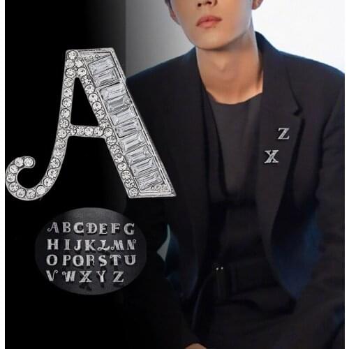 New Rhinestone Crystal Broches Initial Letter Brooch A-S lapel Pins and Brooches Clip Name Jewelry For Women Men Wedding