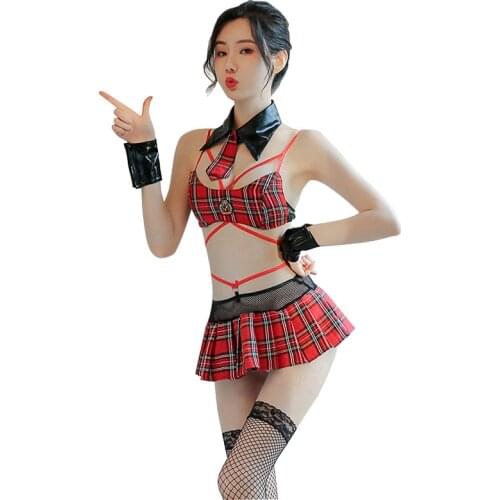 Japanese Style Students Sexy Cosplay School Girl Uniform Truant Girl Cross Straps Bra Top Mini Pleated Plaid Skirt Underwear Set