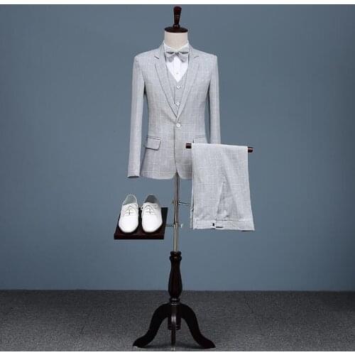 Grey chorus mariage groom wedding suits for men lattice blazer boys prom suits fashion slim masculino latest coat pant designs