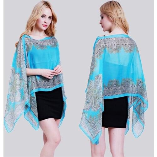 Print Chiffon Beachwear Poncho Tunic Shawl Poncho Cape Women Bikini Beachwear Swimsuit Cover Up