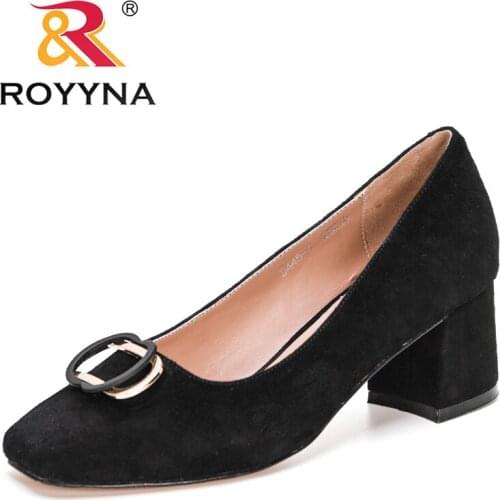 ROYYNA 2021 New Designers Thick Heels Pumps for Women Genuine Leather Kid Suede Office Party Shoes Ladies Wedding Shoes Feminimo