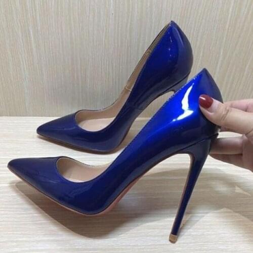 Ruby Blue Patent Leather High Heels Shoes Women Pointed Toe Slip on Pumps Shoes Women Stiletto Heel Banquet Party Shoes