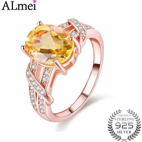 Uloveido 2.2ct Citrine 925 Sterling-Silver Jewelry Rose Gold Color Wedding Finger Rings for Women Female Gift with Box 40% FJ004