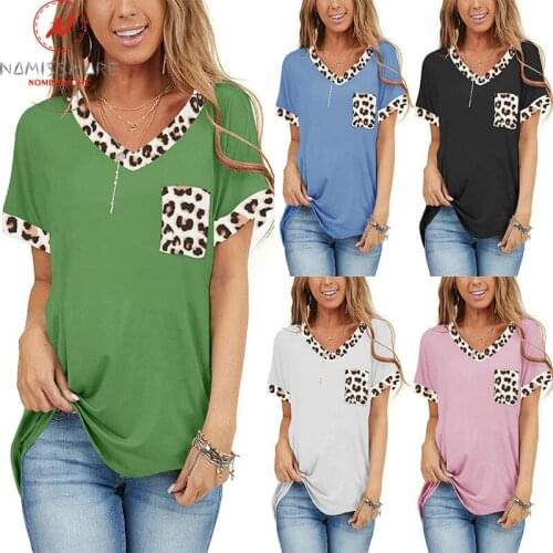 Fashion Women Summer Casual Loose T-Shirts Color Matching Design Pocket Decor V-Neck Short Sleeve Leopard Print Pullovers Top