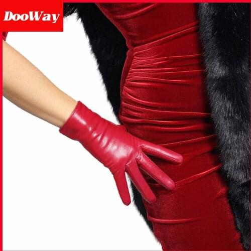 DooWay Women Real Leather Gloves Red Imported Goatskin Leather Wrist Short Vintage Classic Warm Driving Gloves