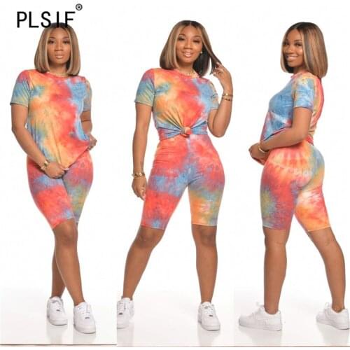 2020 summer hot sale tie-dye round neck short sleeves top and hot shorts 2 pieces set high street lady fashion women outfits