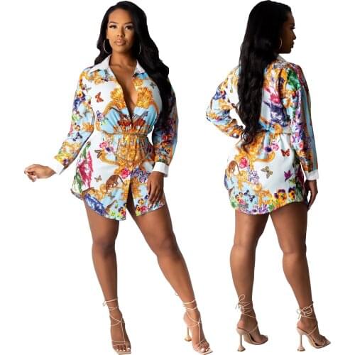Womens Printed Shirt Dress Long Sleeve Vestidos Womens Fashion Autumn Spring African Womens Robe New 2021