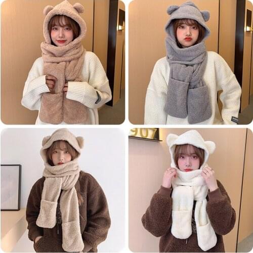 Winter Ladies Hat Fashion Cute Bear Cotton Velvet Scarf Three-piece Ear Protection One-piece Cap Thick Cold-proof Ladies Hat