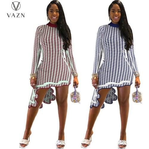 VAZN 2021 Autumn Asymmetrical Classic Plaid Long Dress Young Sexy Style Full Sleeve High Waist Young Vestidos For Female