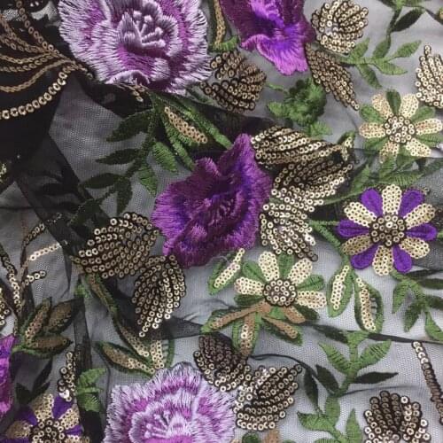5yards/pc) Black and purple African French net lace fabric with excellent flowers embroidery and sequins for party dress FSS017