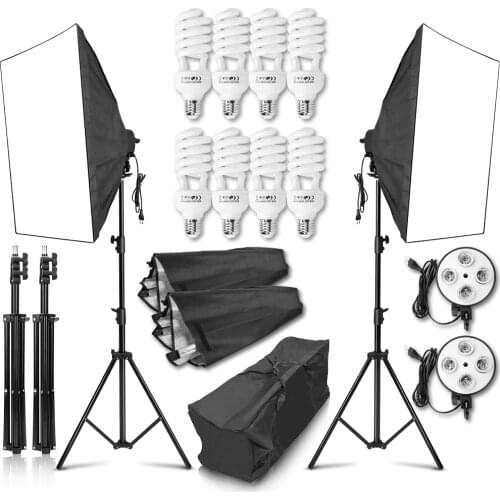 50x70CM Softbox Lighting Kit Photography Continuous Light Soft Box E27 4Lamp Holder 2m Light Stand Tripod For Photo Studio Vedio