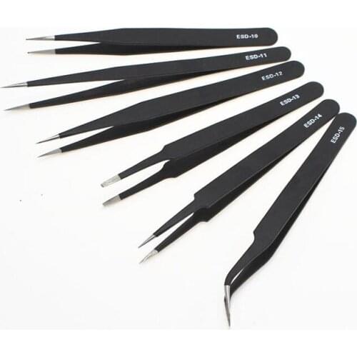 6PCS Black Anti-static ESD Stainless Steel Tweezers Industrial Precision Curved Straight Tweezers Repair Tool