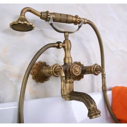 Antique Brass Clawfoot Bathtub Faucet Set with Handheld Shower Dual Handles Mixer Taps Wall Mounted tna222
