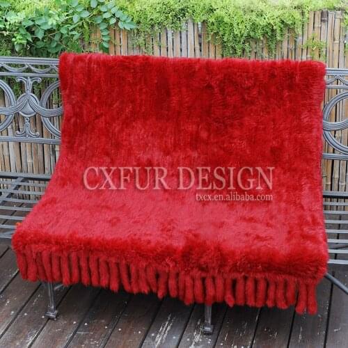 CX-D-20H Winter Warm Sofa Hand Knitted Real Rabbit Fur Fringes Fur Throw Fur Blanket