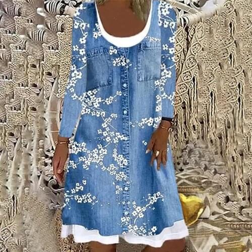 Elegant Chic Party Dress Womens New Loose Fashion Printed Fake Two-Piece Dress Casual Imitation Denim Long-sleeve Autumn Dress