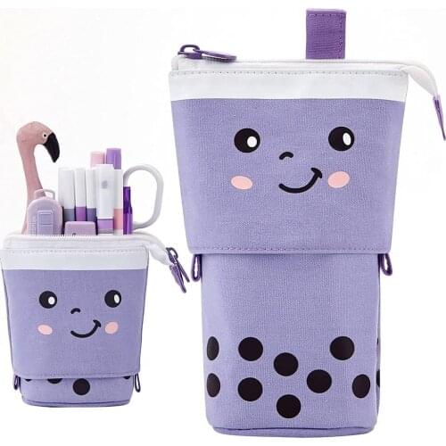 Kawaii Multifunctional Pencil Bag Long Pull-Down Pencil Holder Creative Milk tea style Canvas Pen Case Student Stationery Gift