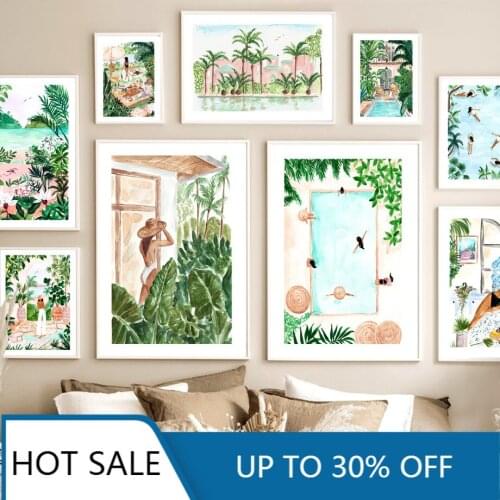 Peace Morocco Pool Party Girl Palm Banana Leaf Wall Art Prints Canvas Painting Nordic Posters Pictures For Home Decoration