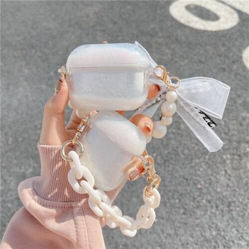 Fashion Pearl Bracelet Chain Earphone Cases For Airpods Cover Cute Bow Clear Headphones Case Box For airpods Pro/1/2 Funda