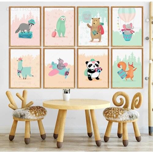 Cartoon Alpaca Sloth Panda Elephant Raccoon Wall Art Canvas Painting Nordic Poster And Prints Wall Pictures Baby Kids Room Decor