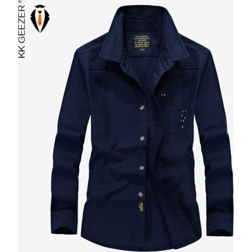 Men Casual Shirt Military Shirt Long Sleeve Cotton Dress High Quality Fashion Social Shirt Star Design Multi Pocket Business