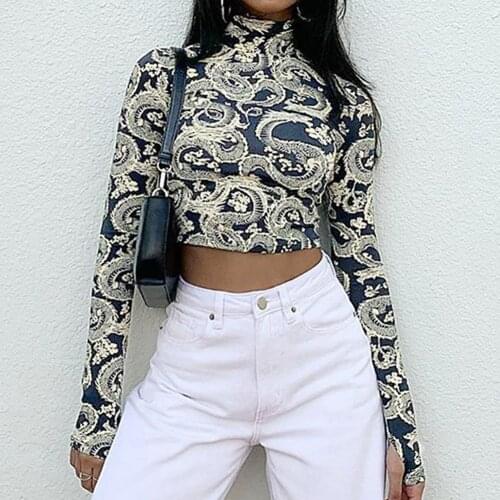 New Fashion Women T Shirt Long Sleeve Dragon Print Turtleneck Top Slim Ladies T-shirt Top Woman Clothing 2020