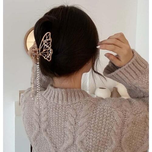 New Luxury Butterfly Flower with Pearls Tassel Metal Hair Claws Women Hairstyle Make Tools Hair Clips Hair Jewelry Accessories