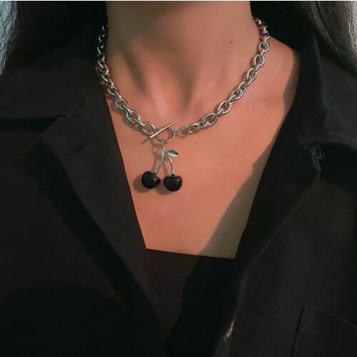 Retro Harajuku Titanium Steel Resin Black Cherry Pendant Necklace for Women Girl Linked Chain Fruit Chokers Necklaces Jewelry