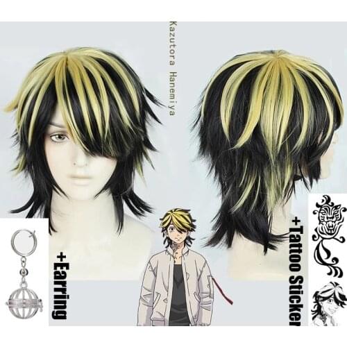 Tokyo Revengers Hanemiya Kazutora Cosplay Wig Tokyo Manji Gang Captain Black Golden Hair + Earring + Tattoo Sticker + Wig Cap