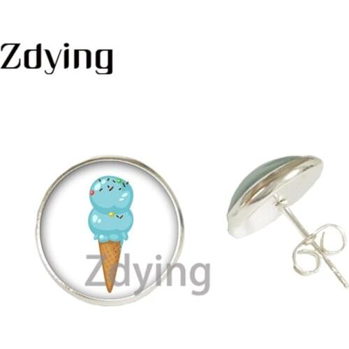 Zdying Summer Simple Ice cream Stud Earrings Glass Photo Cabochon Dome Earrings For Woman Girls Cute Jewelry Gift BA014