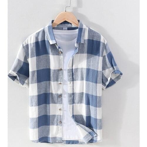 Big Plaid Short Sleeve Shirt for Men Cotton Linen Casual Turn-down Collar Tops Summer New Male Button Up Hemp Shirt