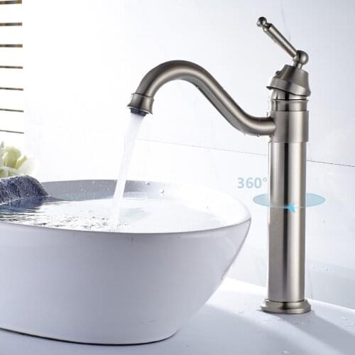All copper nickel brushed bathroom basin faucet elbow water can rotate the above counter basin hot and cold water mixer