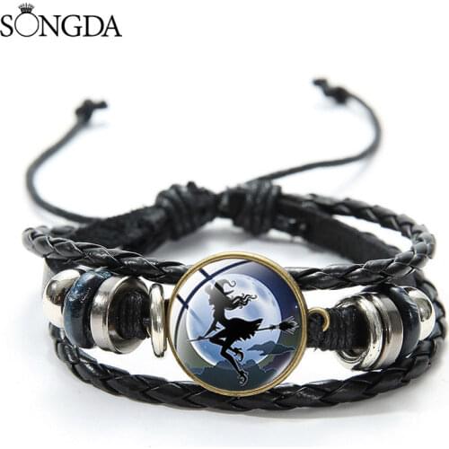 Broom Flying Witch Moon Leather Bracelet Men Womens Multilayer Wristband Hand Craft Art Glass Cabochon Bracelets Jewelry Gifts