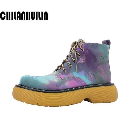 Woman ankle boots autumn winter camouflage print genuine leather shoes women outdoor boots thick heels blue purple platform shoe