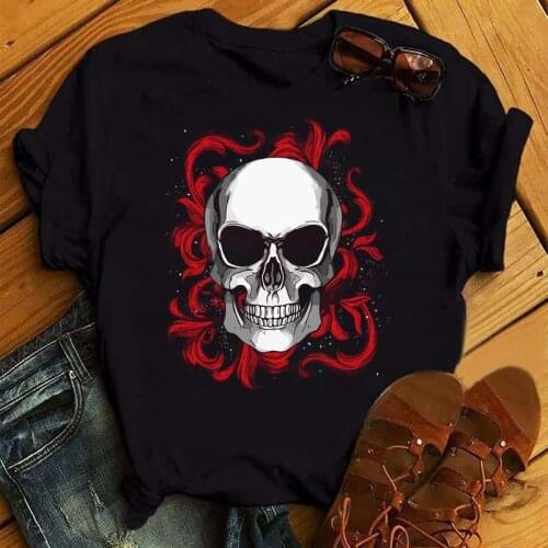 Women Skull Funny Print T Shirts Fashion Summer O Neck 90s Girls Ulzzang Clothes Casual Short Sleeve Printed Clothes,Drop Ship