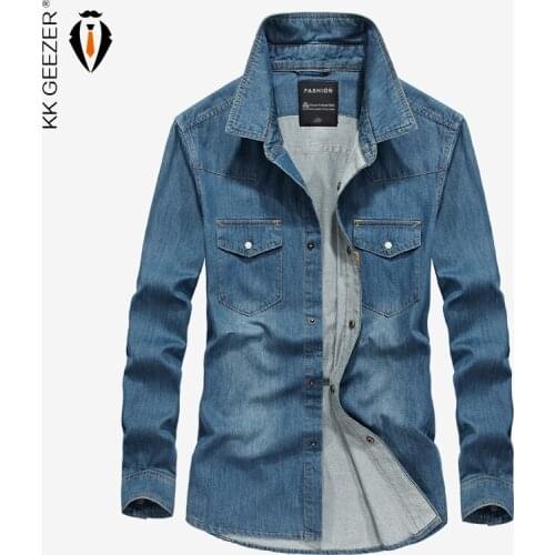 Jeans Shirt Men Denim Shirts Light Blue M-4XL Long Sleeve Military Casual Shirts High Quality Brand Loose Cowboy Dress Shirt