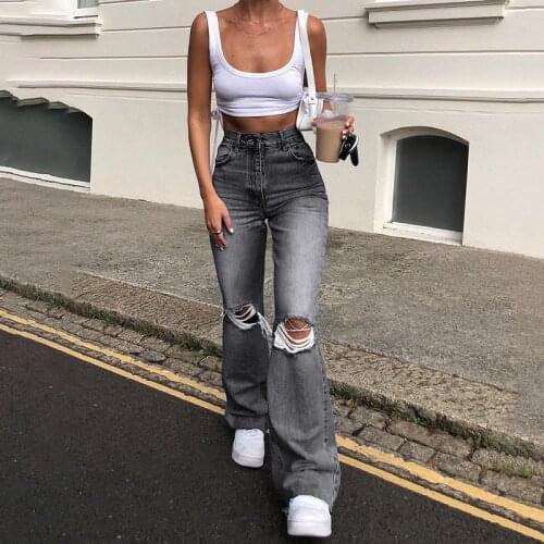 2021 Gradient Color for Old Spring Flared Jeans High Waist and Blue Hole Straight Flared Trousers and Personalized Women Pants