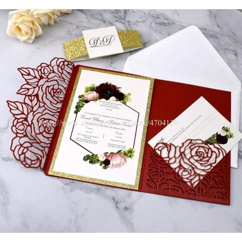 50pc Marsala Plum Gold Glitter Bottom Laser Cut Wedding Invitation With Tag and Glittery Belt, Red Personalized Printing Invites