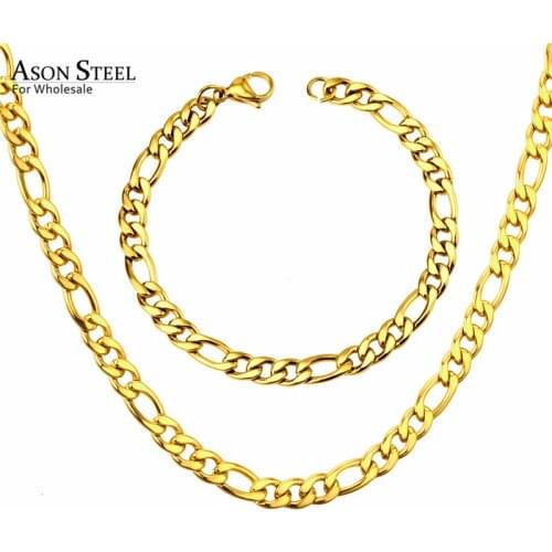 ASONSTEEL Women/Men Chain Set Gold/Silver Color Stainless Steel Necklace with Bracelet Set Cuban Chain for Diy Jewelry Making