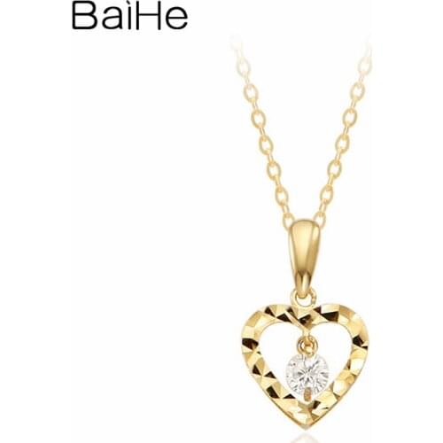 BAIHE Solid 18K Yellow Gold 0.12ct Round Natural Diamond Cute/Romantic Wedding Gift Fine Jewelry Diamond Heart Pendant Necklaces