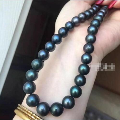 Free Shipping huge 13-15mm tahitian round black green pearl necklace 18inch 925s