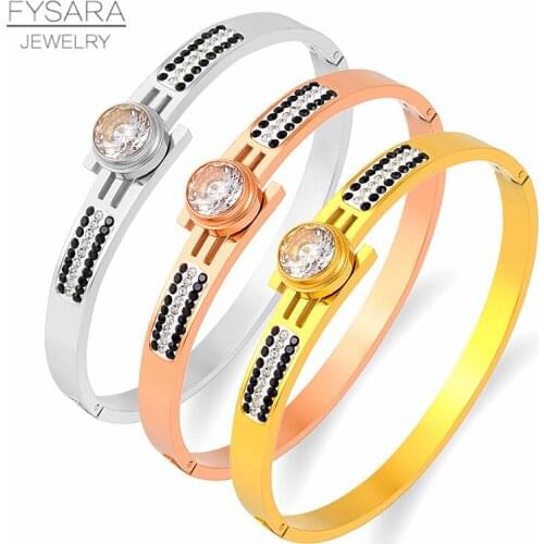 FYSARA White Black Rhinestone Bracelet Stainless Steel Gold Bangles for Women Jewelry Full Zirconia Bracelets Wedding Lover Gift