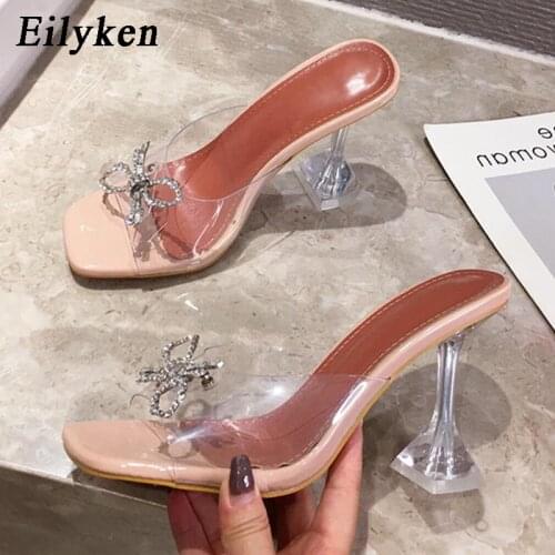 Eilyken PVC Transparent Crystal Rhinestone Bowtie Womens Slippers Summer Square Toe Sandals Fashion Perspex Heels Ladies Shoes
