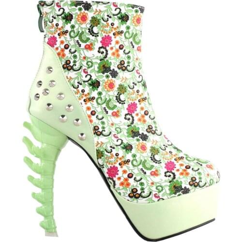LF80687 SHOW STORY Vintage Rockabilly Green Flower Print Stud High-top Bone Platform Ankle Boots