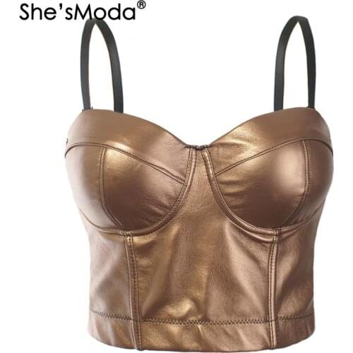 ShesModa New Mitallic Color PU leather Punk Metal Bralet Womens Bustier Bra Night Club Party Cropped Top Vest Plus Size