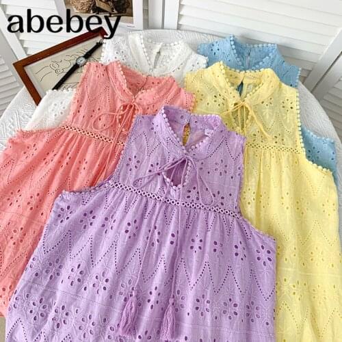 2021 New Summer Fashion All-match O-neck sleeveless Dress hollow out embroidery crochet lace up Vest Dress