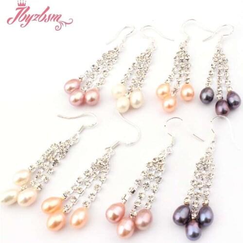 5x7-6x8mm Oval Genuine Freshwater Pearl Natural Stone Beads Silver Dangle Hook Fashion Earrings For Woman Christmas Gift 1 Pair