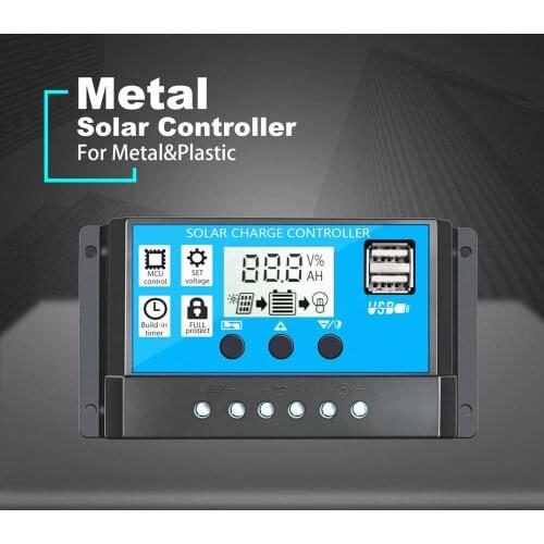 60A/50A/40A/30A/20A/10A 12V 24V Auto Solar Charge Controller PWM Controllers LCD Dual USB 5V Output Solar Panel PV Regulator